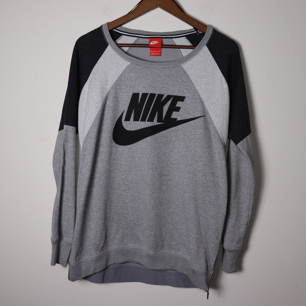 Nike Womens Colorblock Sweatshirt Grey Black Raglan Logo Pullover Medium - Picture 1 of 7